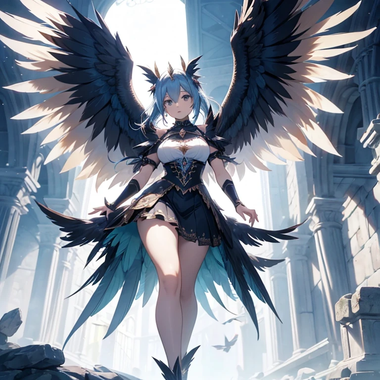 harpy, reina, con los brazos cruzados, with large and imposing wings and eagle feet, con un vestido corto medieval.