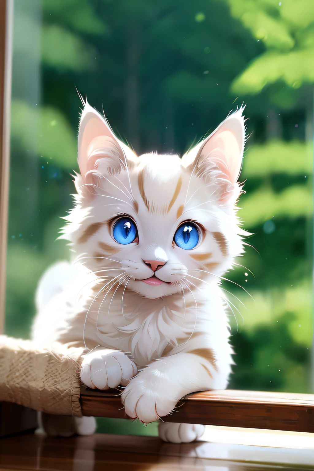 Cute cat with round eyes;A smile;Coat color is white;i&#39;i&#39;i&#39;m about to go on an adventure , Cute illustration，White kitten，The background is the forest，Charming eyes，A smile，adorable smiling，in woods，Walking.