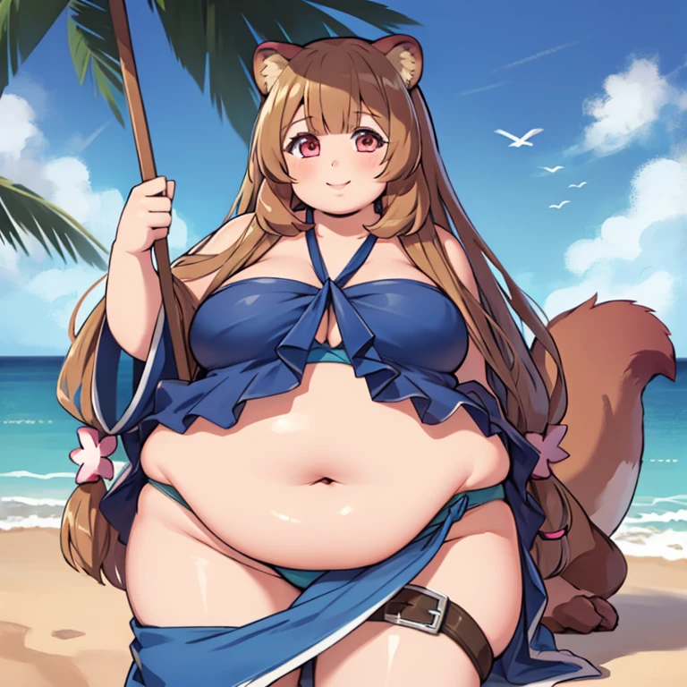 (masterpiece, best quality:1.2), cowboy shot, solo, 1girl, obese raphtalia,obese body, smile, looking at viewer, wariza, hair flower, blue bikini, blue sarong, raccoon tail, beach