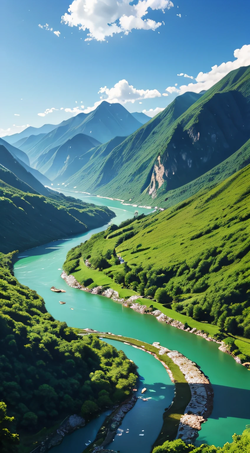 blue-sky, baiyun, shimizu, Green mountains, dense with greenery、Flowers, Yamakawa, magnificent river, sunrise and sunset