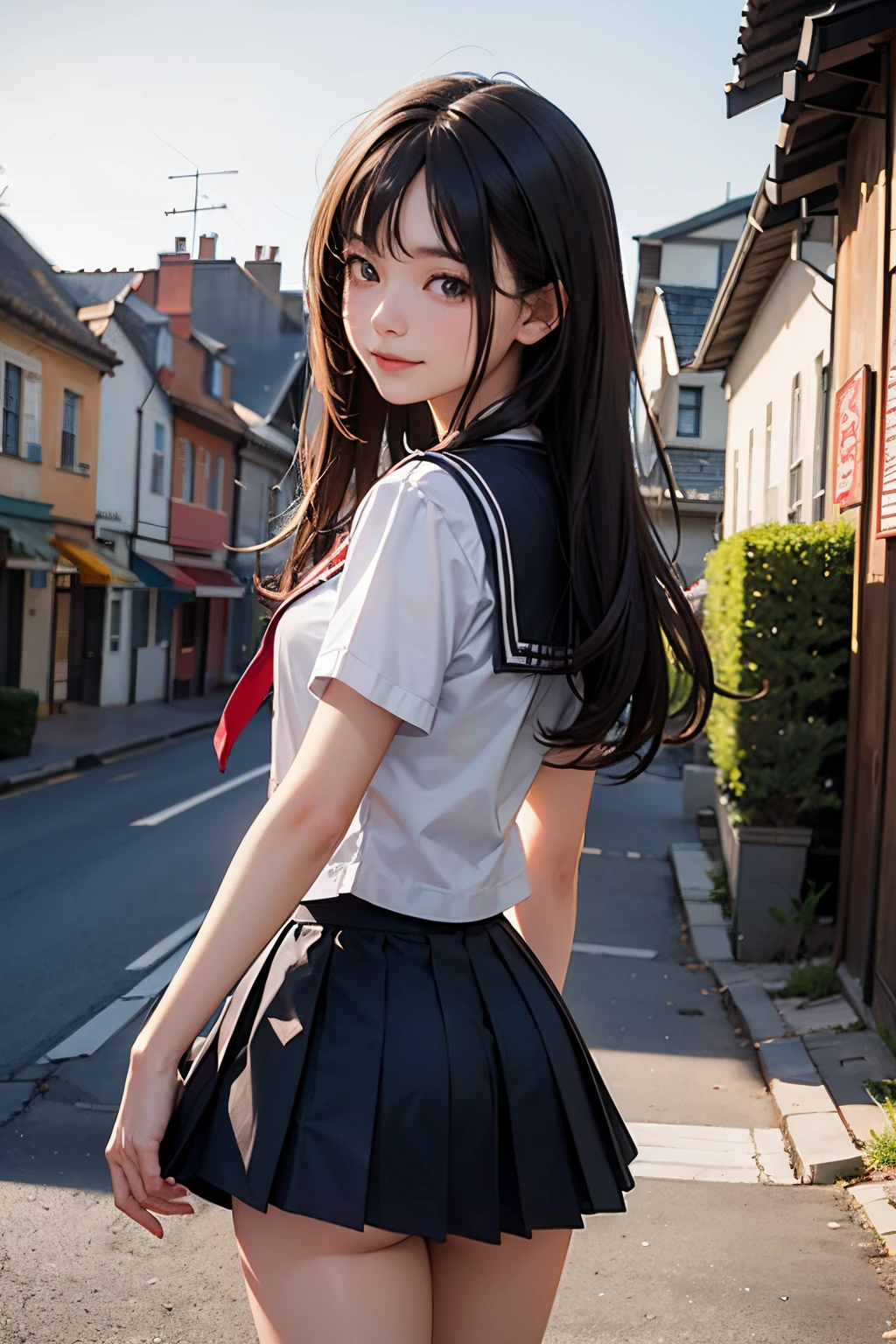 very cute and beautiful girl,teen,(highly detailed beautiful face and eyes:1.2),seifuku,(smile:1.2),(navy blue pleated mini skirt),
(cowboy shot),(looking back,from behind),leaning forward,from below,white panties,
many european houses with red roof,(town overview),detailed landscape,
black hair,(best quality,masterpiece:1.2),intricate details,extremely detailed,8k resolution,solo,natural lighting,
hair fluttering in the wind,beautiful detailed sky,