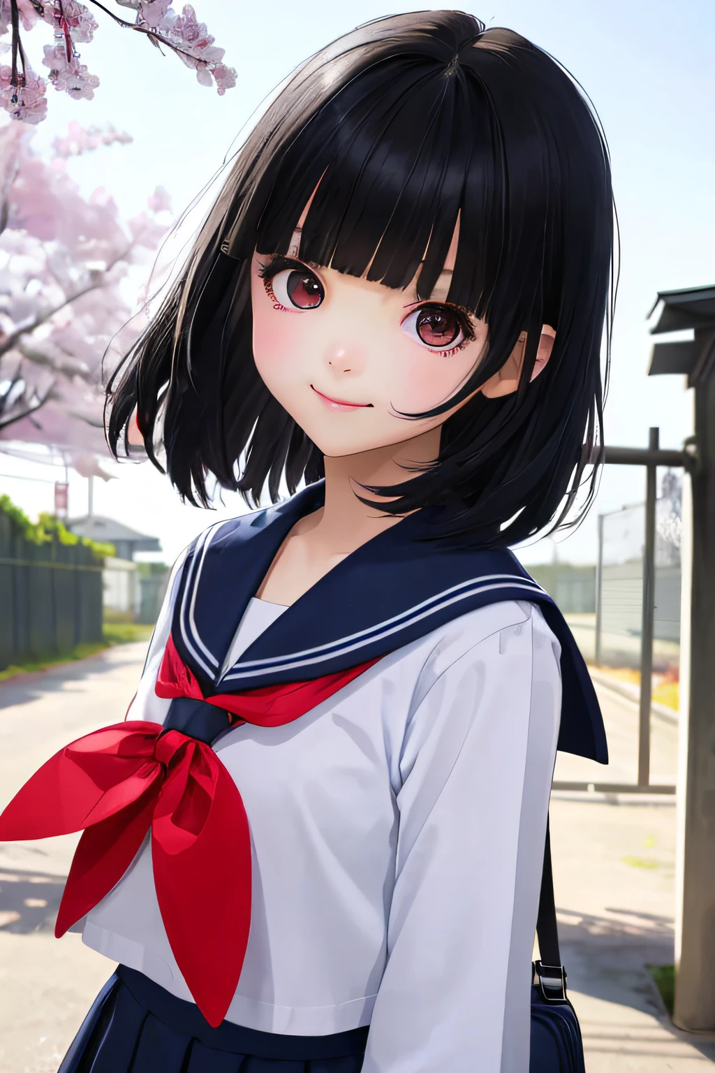 Elementary school girl、A dark-haired、black eye cut hairstyle、Cut the bangs parallel to each other、 Blue sailor suit、clothes that are larger than your body size、School bag、tiny chest、kindly smile、red tide、 {{{{{{The background is the school gate of a Japanese high school....}}}}}}、springtime、The cherry tree、hight resolution、Unity 8k壁纸、Professional、extra detailed face、Perfect Lighting、 extremely details CG、(Perfect hands、Perfect Anatomy)、Entrance Ceremony、Serious girl、Quiet girl