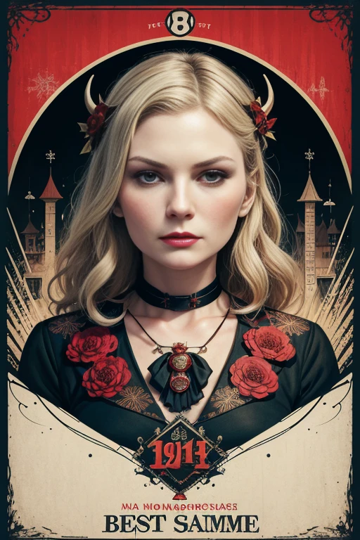 (masutepiece, Best Quality), Kirsten Dunst、8K Wallpaper, Highly detailed, poster for, krampus, vintage horror, 1940's, christmas horror thriller movie poster, Bauhaus, shapes, lines, Abstract, propaganda, Gothic, Cinematic poster, Vintage,