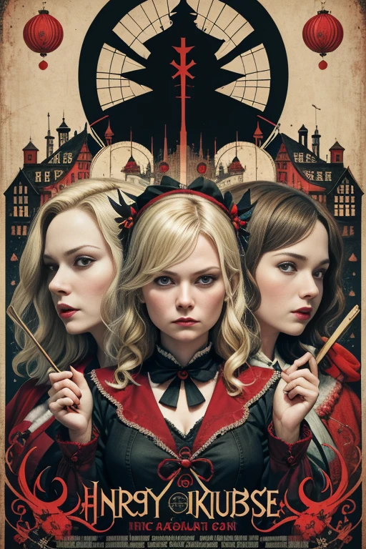 (masutepiece, Best Quality), Kirsten Dunst、8K Wallpaper, Highly detailed, poster for, krampus, vintage horror, 1940's, christmas horror thriller movie poster, Bauhaus, shapes, lines, Abstract, propaganda, Gothic, Cinematic poster, Vintage,