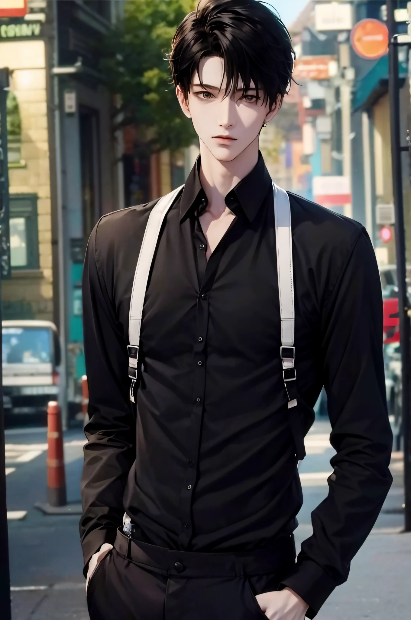 anime sexy man, black short hair, slacks, modern shirt, bright colours, shoulder straps