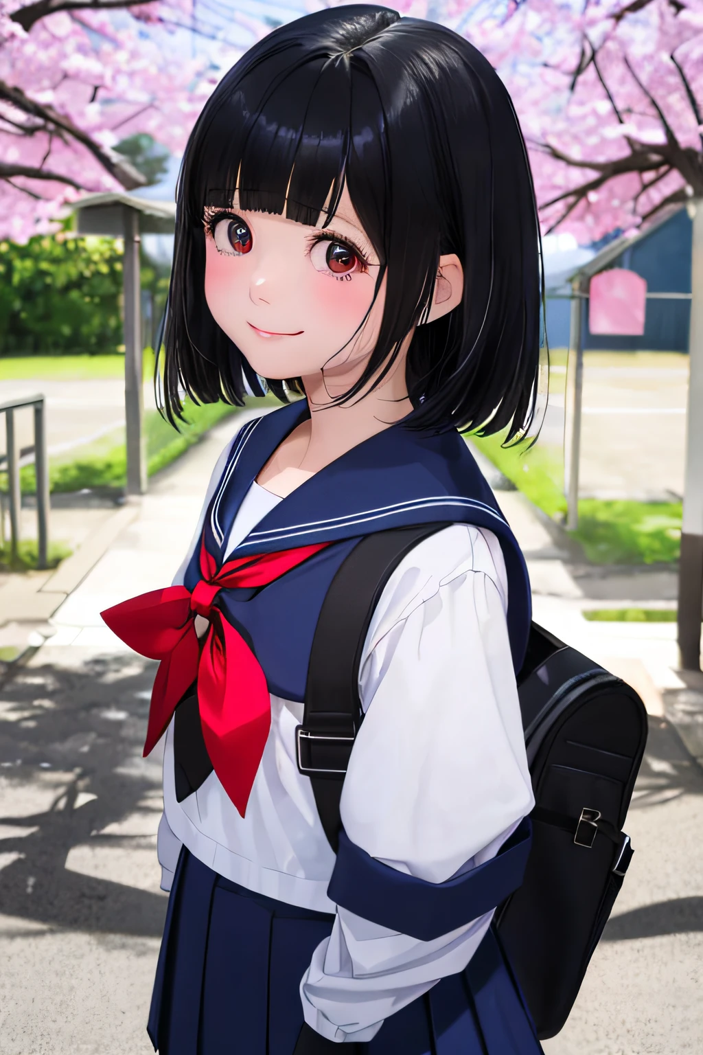 、A dark-haired、black eye cut hairstyle、Cut the bangs parallel to each other、 Blue sailor suit、clothes that are larger than your body size、School bag、tiny chest、kindly smile、red tide、 {{{{{{The background is the school gate of a Japanese high school....}}}}}}、springtime、The cherry tree、hight resolution、Unity 8k壁纸、Professional、extra detailed face、Perfect Lighting、 extremely details CG、(Perfect hands、Perfect Anatomy)、Entrance Ceremony、Serious girl、Quiet girl