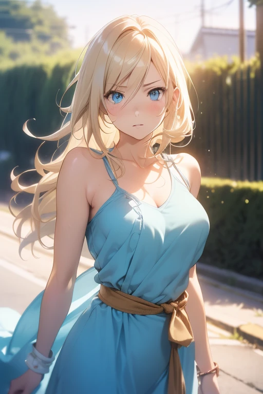 Anime style, filmgポートレート写真, 1womanl, 30-years old, full bodyesbian, large full breasts, Angry, Golden hair, Longhaire, Blue eyes, Wearing a light blue dress, (Natural Skin Texture vibrant detail, hyper realisitic, (Realistic detailed eyes, Natural Skin Texture, Realistic face details), Soft dramatic lighting, depth of fields, Bokeh, vibrant detail, hyper realisitic, 35mm filmg, Hazy blur, filmg,
