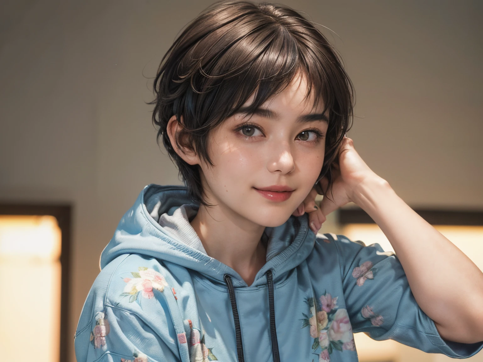 133
(a 20 yo woman,Wearing sportswear), (A hyper-realistic), (high-level image quality), ((beautiful hairstyle 46)), ((short-hair:1.46)), (Gentle smile), (breasted:1.46), (lipsticks), (darkened room), (florals), (wearing hoodies)