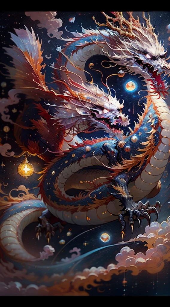 A celestial Chinese Dragon flying in the night sky, moon illuminating vibrant colors of dragon scales ((red, blue, gold:1.3)), mid-20th century vintage oil painting vibe ((Van Gogh style:1.2)), (pearly teeth:1.5), fiery eyes, cosmic stars in the background, (galaxy:1.3), fire-breathing, inspired by the works of Xu Beihong.