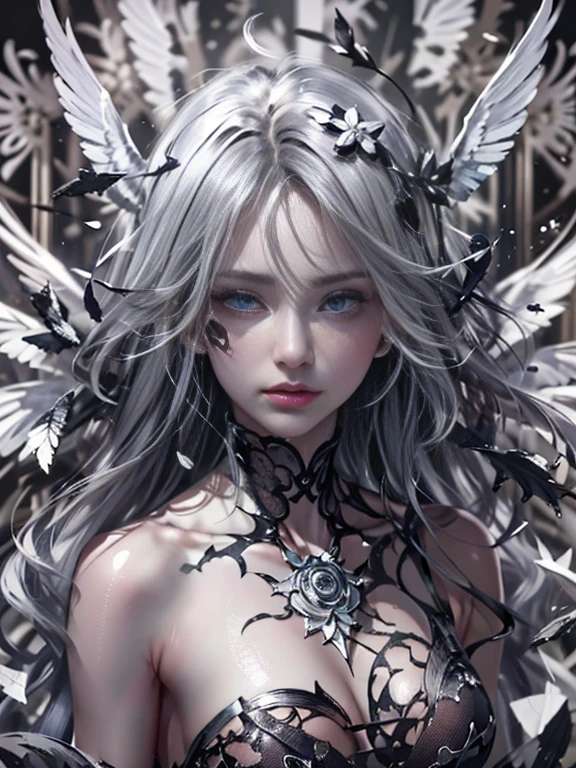 close up of face、Angels come、Black and white、sluttish,barechested.Symetrical, artistic, close up, all her clothes are torn,scattered glass pieces, destruction, Yin, eyes focus, , Exposed skin, Exposed body parts, rag, costum, grime, Broken mirror,Black and white split,Scattered rose petals,with sublevel rack,Eroded by darkness and light,Dynamic Poses、Symetrical、wingspan、Angelica}}}}, {{{Hyper Detailed}}}, {{{hight resolution}}}, {{Good anatomy}}, (((Best Quality))), ((Very delicately beautiful)), {{Very meticulous、Delicate}}, {8k cg wallpaper}, {{illustratio}}, (color background grayscale:1.1), Ray traching, Background bokeh, black backgrounds, (Splash ink:1.3), 1girl in , Solo, Hu Tao(GenshinImpact), boo tao, blanche、sluttish,barechested.Symetrical, artistic, close up, all her clothes are torn, burst, destruction, Yin, , , Exposed skin, rag,, , Broken mirror,Black and white split,red tear rack and white paint,Broken,with sublevel rack,Eroded by darkness and light,Symetrical、wingspan、angelicales