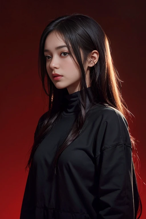 a 20 yo woman,long hair,dark theme, soothing tones, muted colors, high contrast, (natural skin texture, hyperrealism, soft light, sharp),red background, background,
