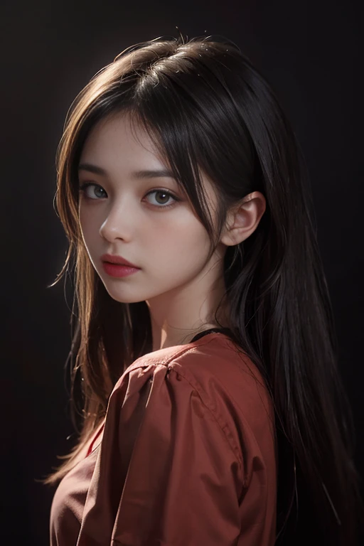 a 20 yo woman,long hair,dark theme, soothing tones, muted colors, high contrast, (natural skin texture, hyperrealism, soft light, sharp),red background, background,
