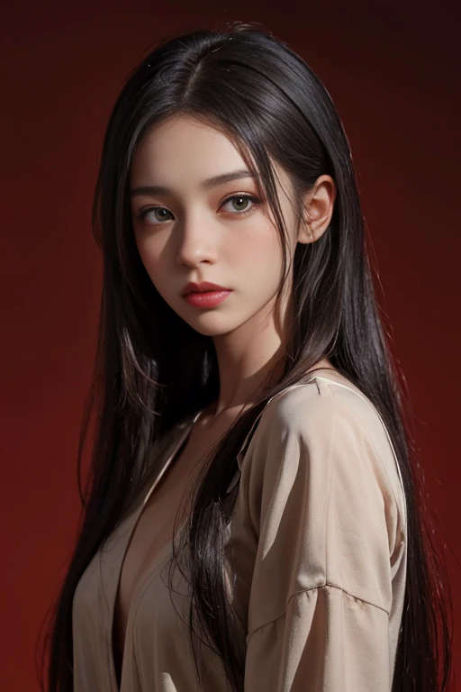 a 20 yo woman,long hair,dark theme, soothing tones, muted colors, high contrast, (natural skin texture, hyperrealism, soft light, sharp),red background, background,
