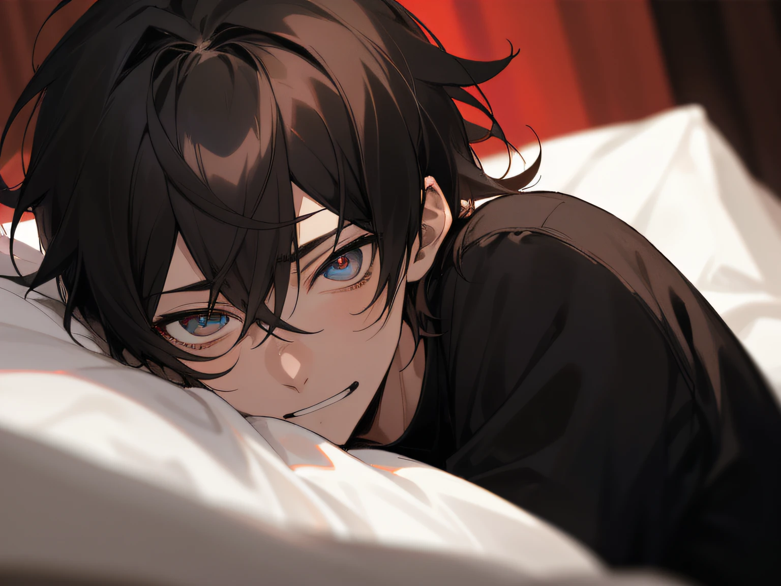 20代のmale people、,male people, 26 year old,yandere,Cool,1 male、smil,Depressive Atmosphere,Black hair,ムラムラ,Black shirt,eyes are brown,extreme close - up,Dynamic Angle,Impatient expression,Background Hotel,a bed,natta