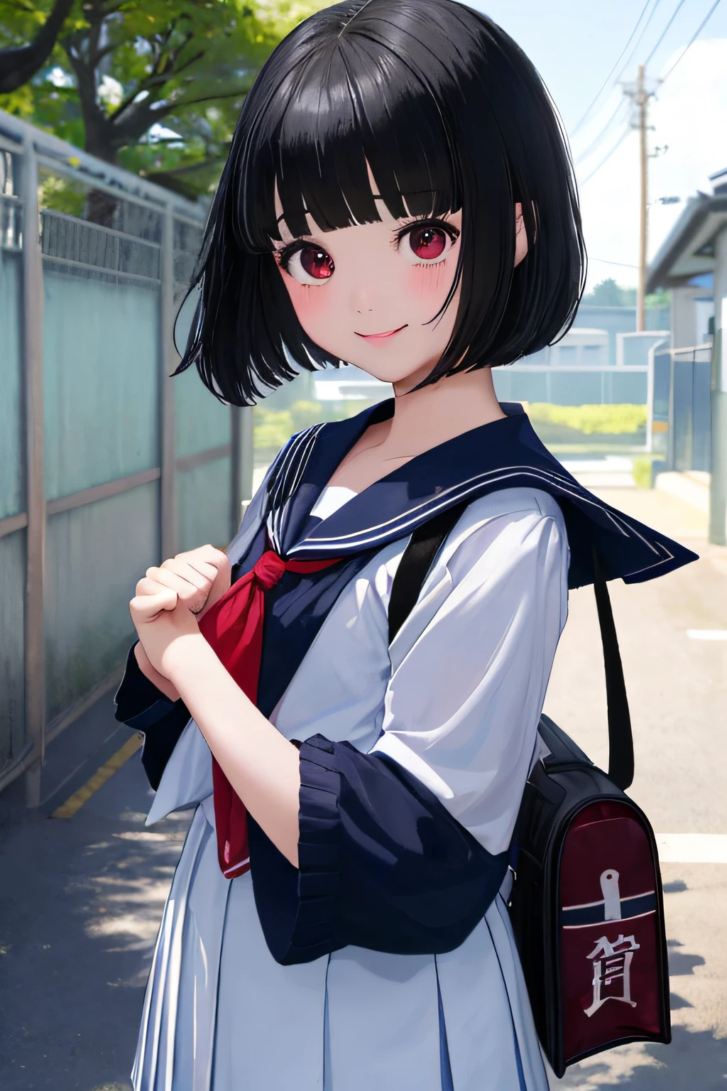 Elementary school girl、A dark-haired、black eye cut hairstyle、Cut the bangs parallel to each other、 Blue sailor suit、clothes that are larger than your body size、School bag、tiny chest、kindly smile、red tide、 {{{{{{The background is the school gate of a Japanese high school....}}}}}}、springtime、The cherry tree、hight resolution、Unity 8k壁纸、Professional、extra detailed face、Perfect Lighting、 extremely details CG、(Perfect hands、Perfect ???????)、Entrance Ceremony、Serious girl、Quiet girl