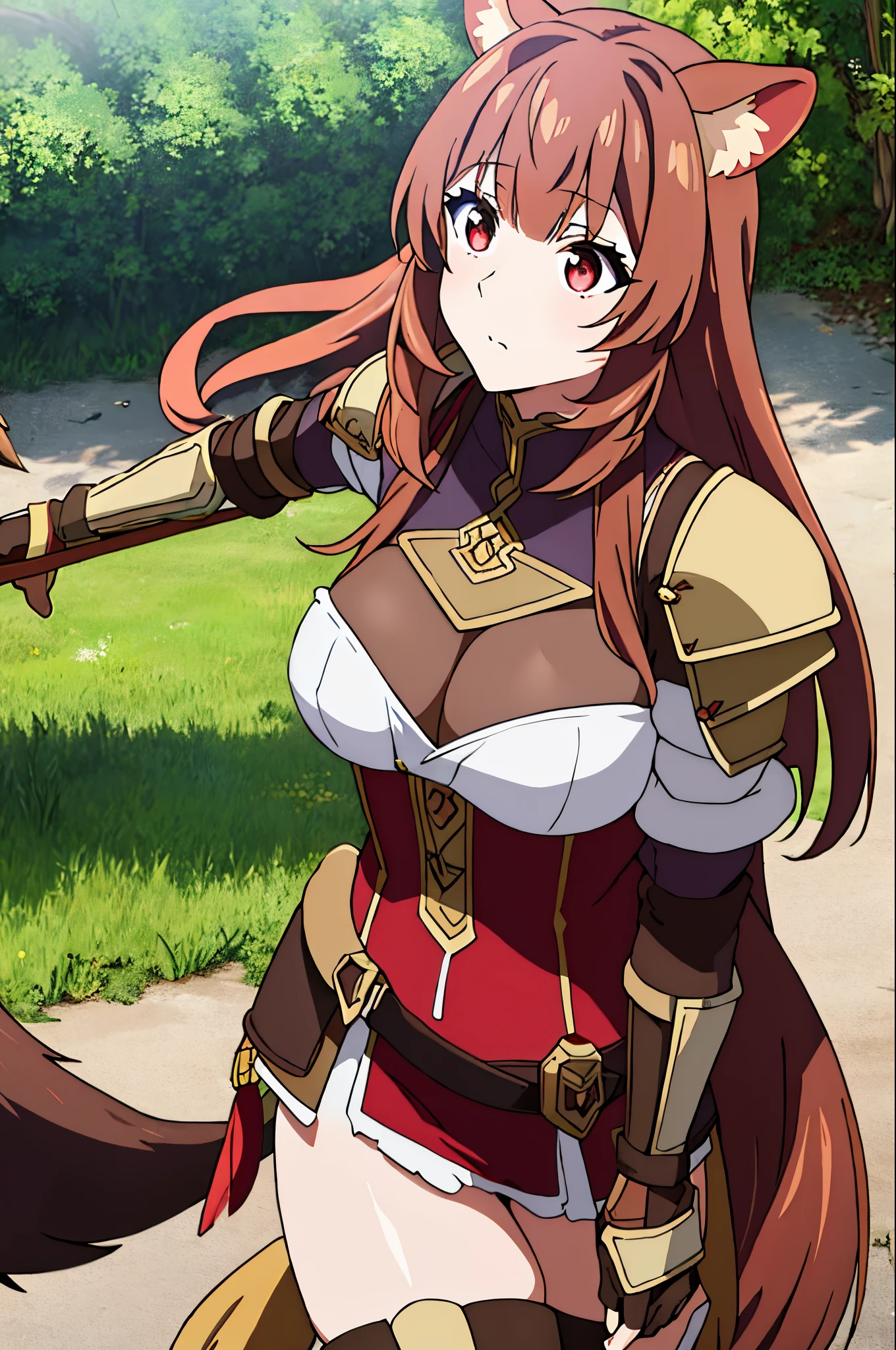 Longhaire、raccoon raccoon raccoon tail、Leather-brown hair、river armor、Red-eyed woman、Whip thighs、1人の女性、large full breasts、Gentle expression