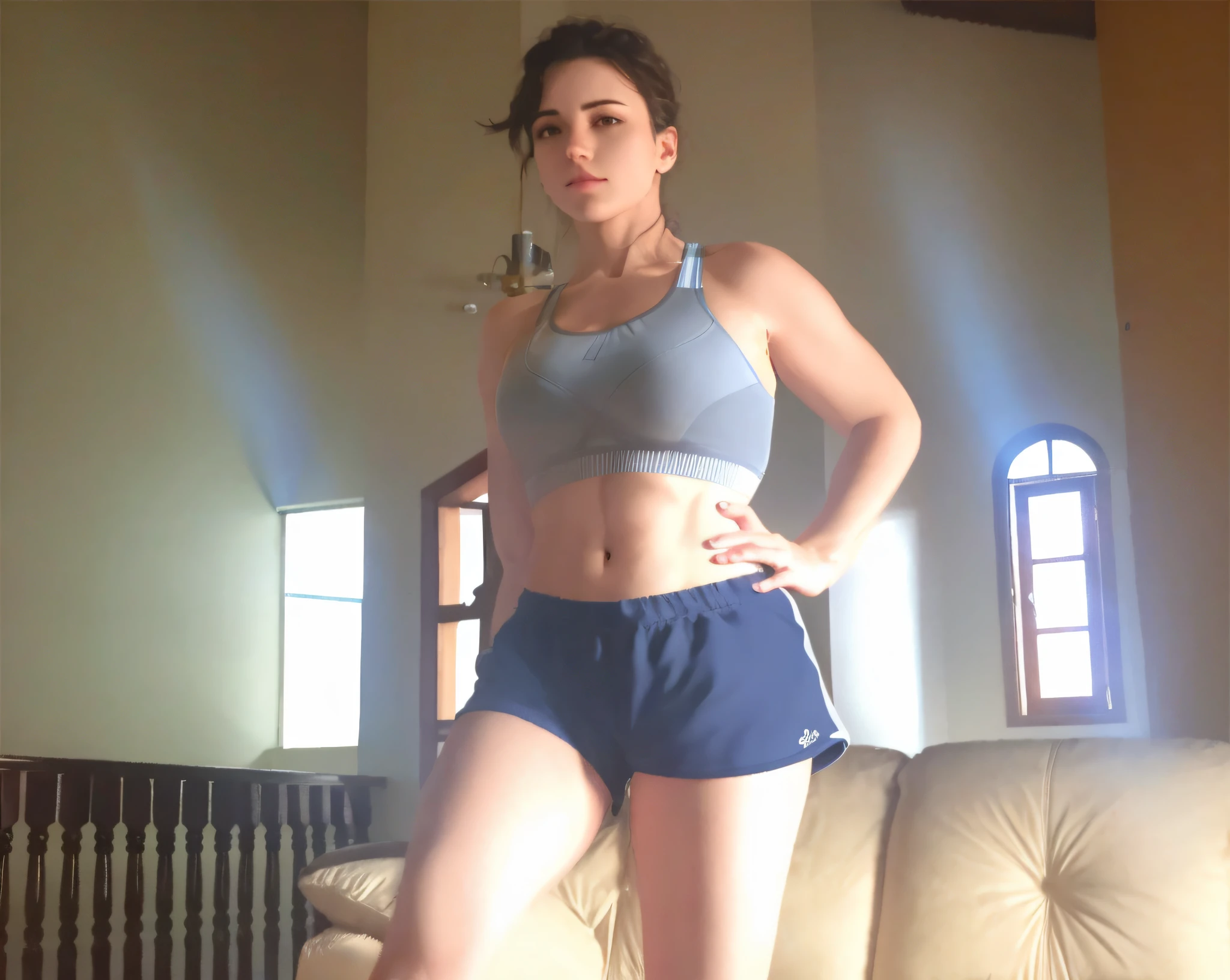 there is a woman in a sports bra standing on a sofa, sport bra and dark blue shorts, sport bra and shorts, Posar e flexionar, mulher curta robusta, recorte de meio corpo, coxas grandes, foto fit, tiro no meio do corpo, de bermuda, Pose frontal, Flexionando, tiro do meio cintura para cima, coxas expostas!!!, physical : tinyest midriff ever