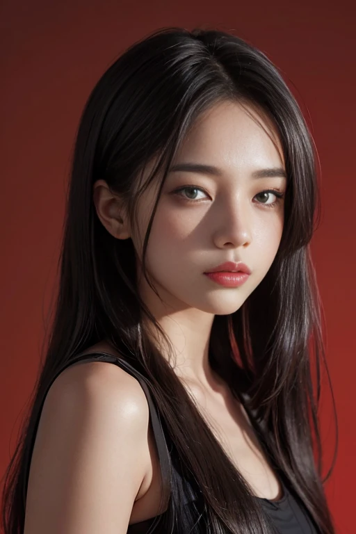a 20 yo woman,long hair,dark theme, soothing tones, muted colors, high contrast, (natural skin texture, hyperrealism, soft light, sharp),red background, background,