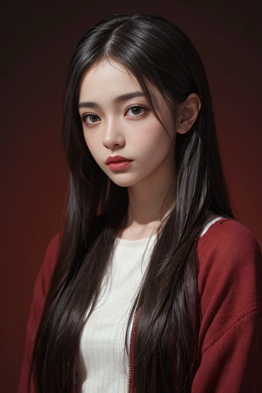 a 20 yo woman,long hair,dark theme, soothing tones, muted colors, high contrast, (natural skin texture, hyperrealism, soft light, sharp),red background, background,