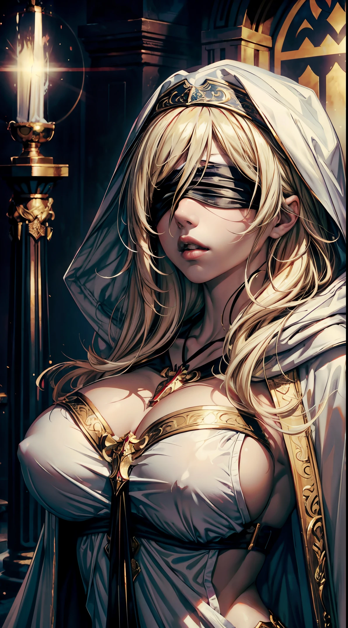 (masterpiece, top quality, best quality, official art, beautiful and aesthetic:1.2),full body, 1girl, priestess, long light blonde hair, messy hair, (wearing black blindfold:1.3), large breasts, cleavage, (white revealing robe, gold trim), (white hood:1.2), extreme detailed, colorful, perfect face, upper body, HDR, (light streaks), striking visuals, vibrant colors, temple background