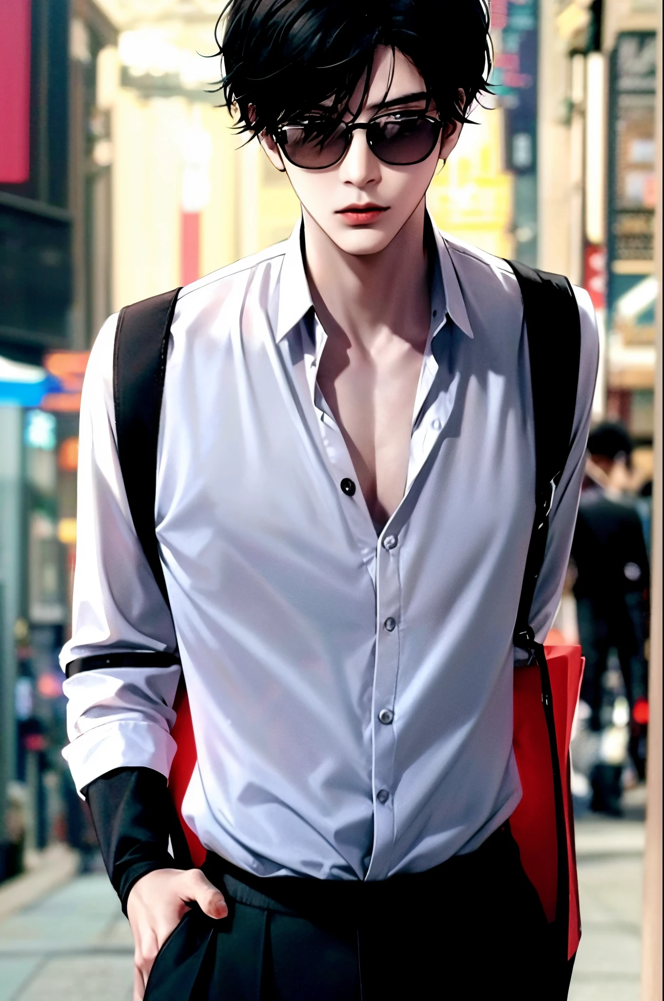 anime sexy man, black short hair, slacks, modern shirt, vibrant colors, shoulder harness