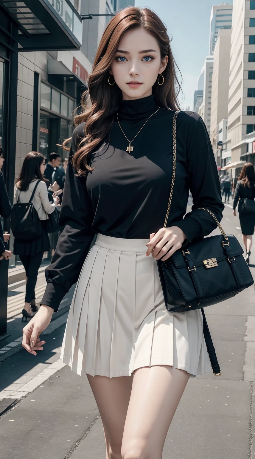 25-year-old Caucasian woman、Her hair color is reddish、blue eyess、Semi-long、setting hair、I'm wearing eyeshadow and lipstick、Hair is up、My hair is wavy、Slender but thin macho、accessories on the wrist、wearing a chain necklace、huge tit、Wearing high neck/halter neck tops、She is wearing a low-rise mini-length pleated skirt.、Holding a handbag in his hand、walking in the business district、I need space above my head、a smile