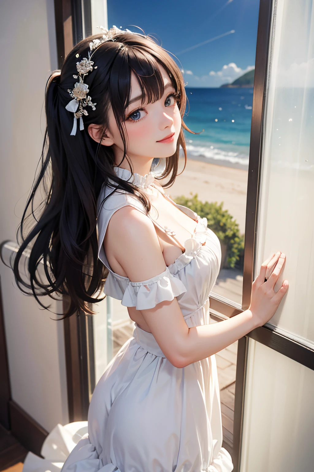 highest quality、4K quality、lean against the wall、Beautiful cleavage、Beautiful Style、tall、Small breasts、Bare buttocks、Small Ass、Shy face、20 year old princess、Bare shouldery skirt is blown up by the wind、ultra detail eye,Shooting from behind、Off-the-shoulder summer dress、Grab the hem of your skirt、nude legs、stick out your tongue and wink