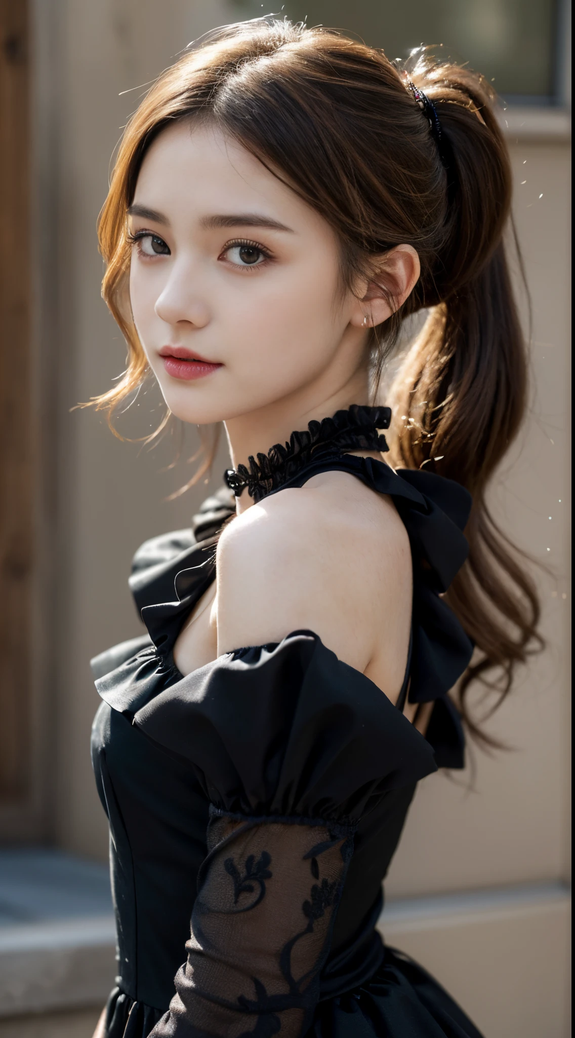 ((top-quality、Top image quality、超A high resolution))、years、独奏、((small tits:1.7))、flat breast、small tit、A smile、with round face、Golden hair、Short ponytail、childlike 、Ultra-detailed and beautiful skin、Realistic and beautiful skin、、((,)), delicate and beautiful face、Young models,(),,((Colorful Gothic Dresses))