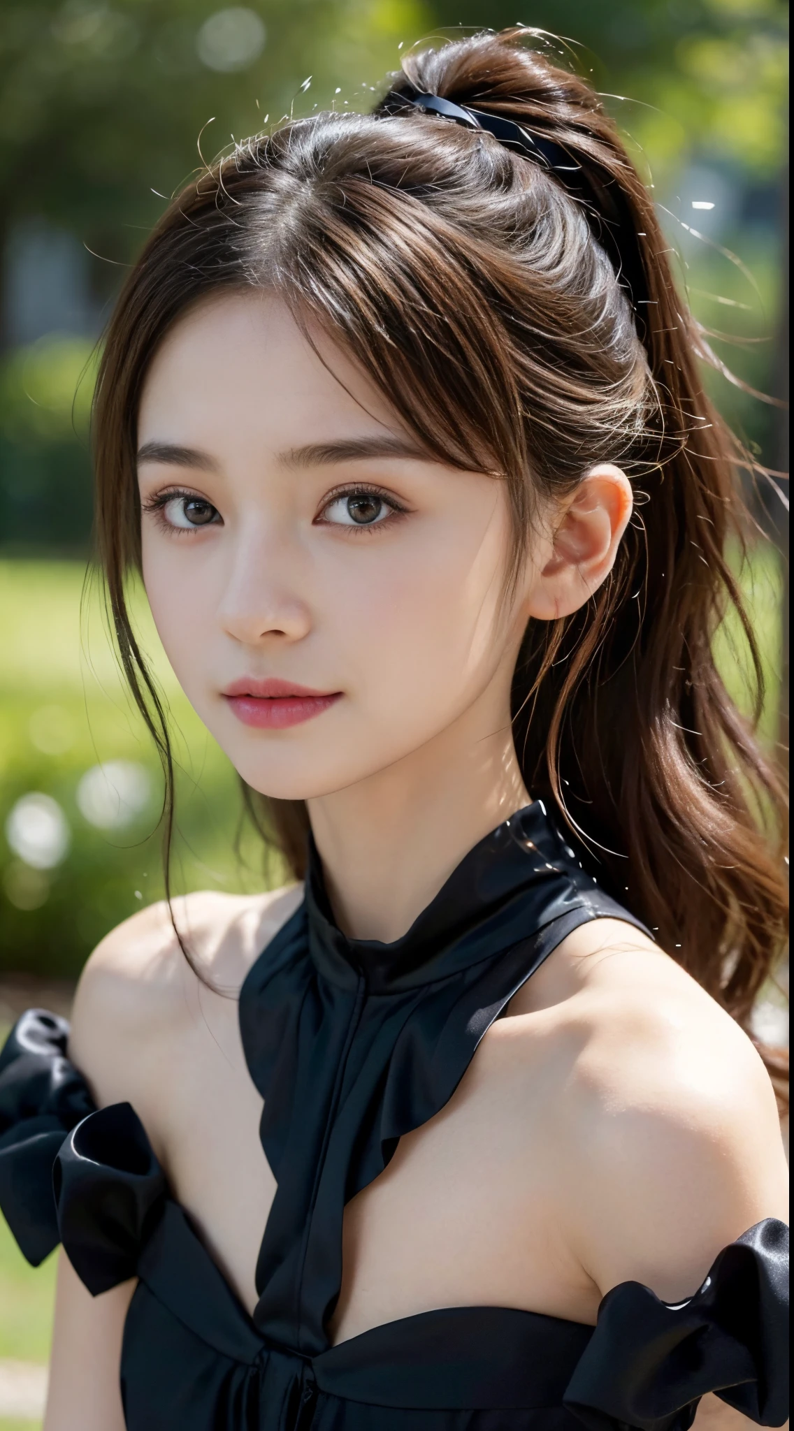((top-quality、Top image quality、超A high resolution))、14years、独奏、((small tits:1.7))、flat breast、small tit、A smile、with round face、Golden hair、Short ponytail、childlike 、Ultra-detailed and beautiful skin、Realistic and beautiful skin、、((,)), delicate and beautiful face、Young models,(),,((Colorful Gothic Dresses))