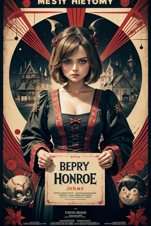 (masutepiece, Best Quality), Jenna Louise Coleman、8K Wallpaper, Highly detailed, poster for, krampus, vintage horror, 1940's, christmas horror thriller movie poster, Bauhaus, shapes, lines, Abstract, propaganda, Gothic, Cinematic poster, Vintage,
