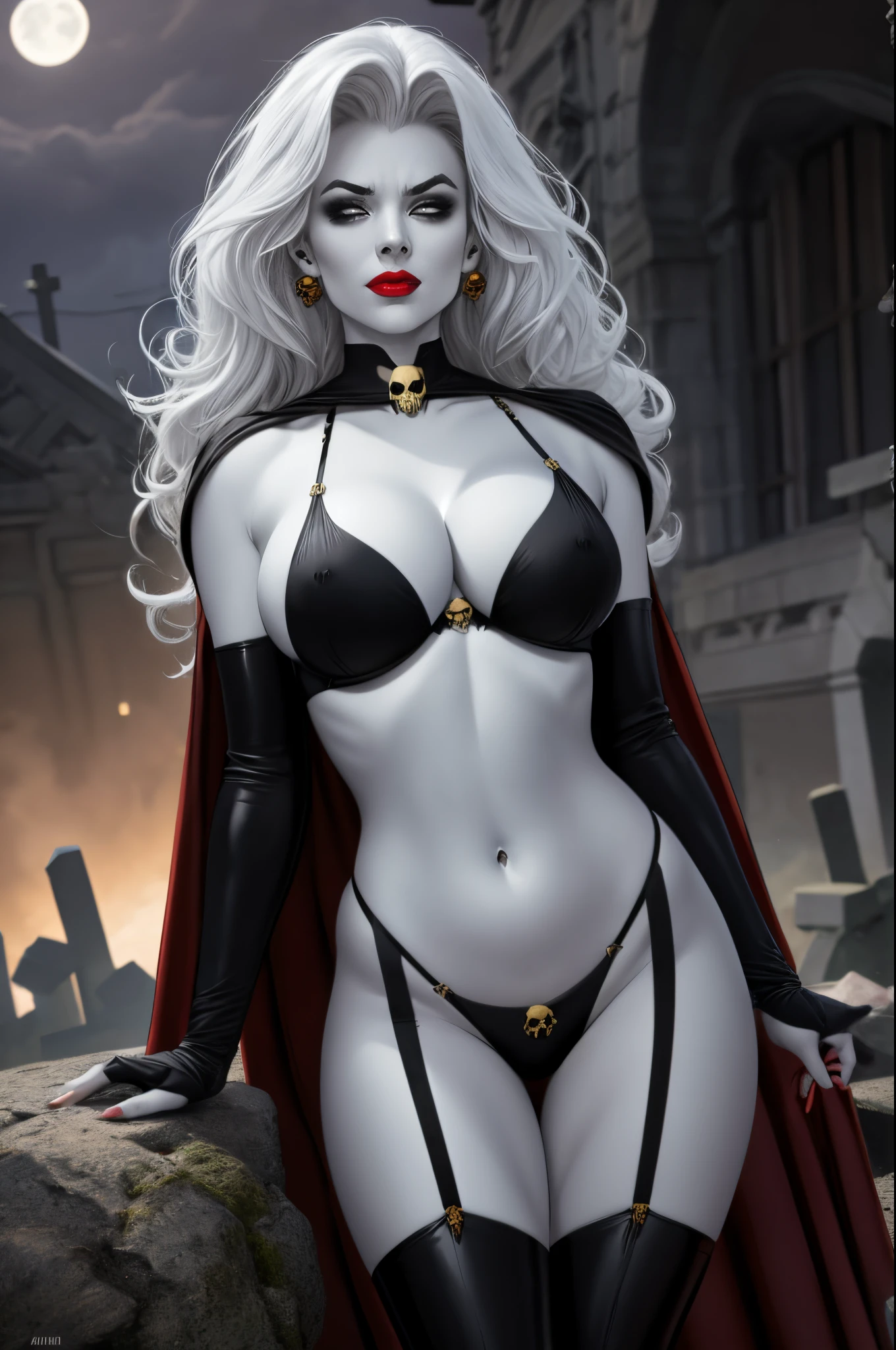 foreshortening, CARTOON_lady_death_bikini_ownwaifu,.ownwaifu.com, angry,
mascara, blank_eyes,long hair,breasts,white hair,makeup,colored skin,navel,lipstick,large breasts,wavy hair,white skin,lips,curly hair,red lips,very long hair,toned, narrow_waist, curvy,pale skin, thick_eyelashes, thick eyebrows, big hair,
thighhighs,cape,cleavage,jewelry,earrings,garter straps,garter belt,gloves,piercing,red cape,blood,elbow gloves,armor,black legwear,collar,thong,black bikini,skull earrings, highleg,
official art,extremely detailed CG unity 8k wallpaper, perfect lighting,Colorful, Bright_Front_face_Lighting,shiny skin, (masterpiece:1.0),(best_quality:1.0), ultra high res,4K,ultra-detailed, photography, 8K, HDR, highres, (absurdres:1.2), Kodak portra 400, film grain, blurry background, (bokeh:1.2), lens flare, (vibrant_color:1.2),professional photograph, (beautiful_face:1.5) graveyard at night, cemetary, full moon, sexy