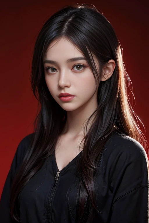 a 20 yo woman,long hair,dark theme, soothing tones, muted colors, high contrast, (natural skin texture, hyperrealism, soft light, sharp),red background, background,
