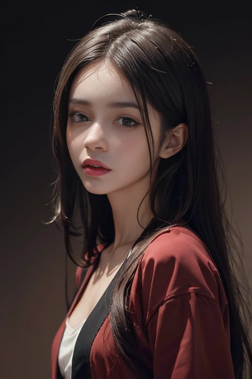a 20 yo woman,long hair,dark theme, soothing tones, muted colors, high contrast, (natural skin texture, hyperrealism, soft light, sharp),red background, background,