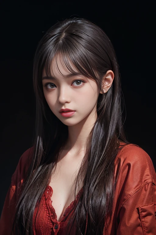 a 20 yo woman,long hair,dark theme, soothing tones, muted colors, high contrast, (natural skin texture, hyperrealism, soft light, sharp),red background, background,
