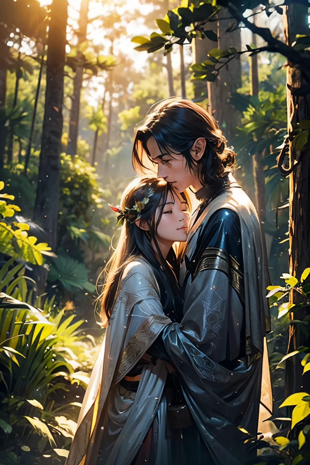 (((melhor qualidade))), ((obra prima)), (((super detalhe))), cinematiclight, belo, cinematiclight, ((Detalhes aprimorados)), ((CG illustration)), COUPLE OF ELVES IN LOVE TOGETHER IN THE MIDDLE OF THE MAGIC FOREST CONTEMPLATING THE LOVE BETWEEN THEM AND NATURE