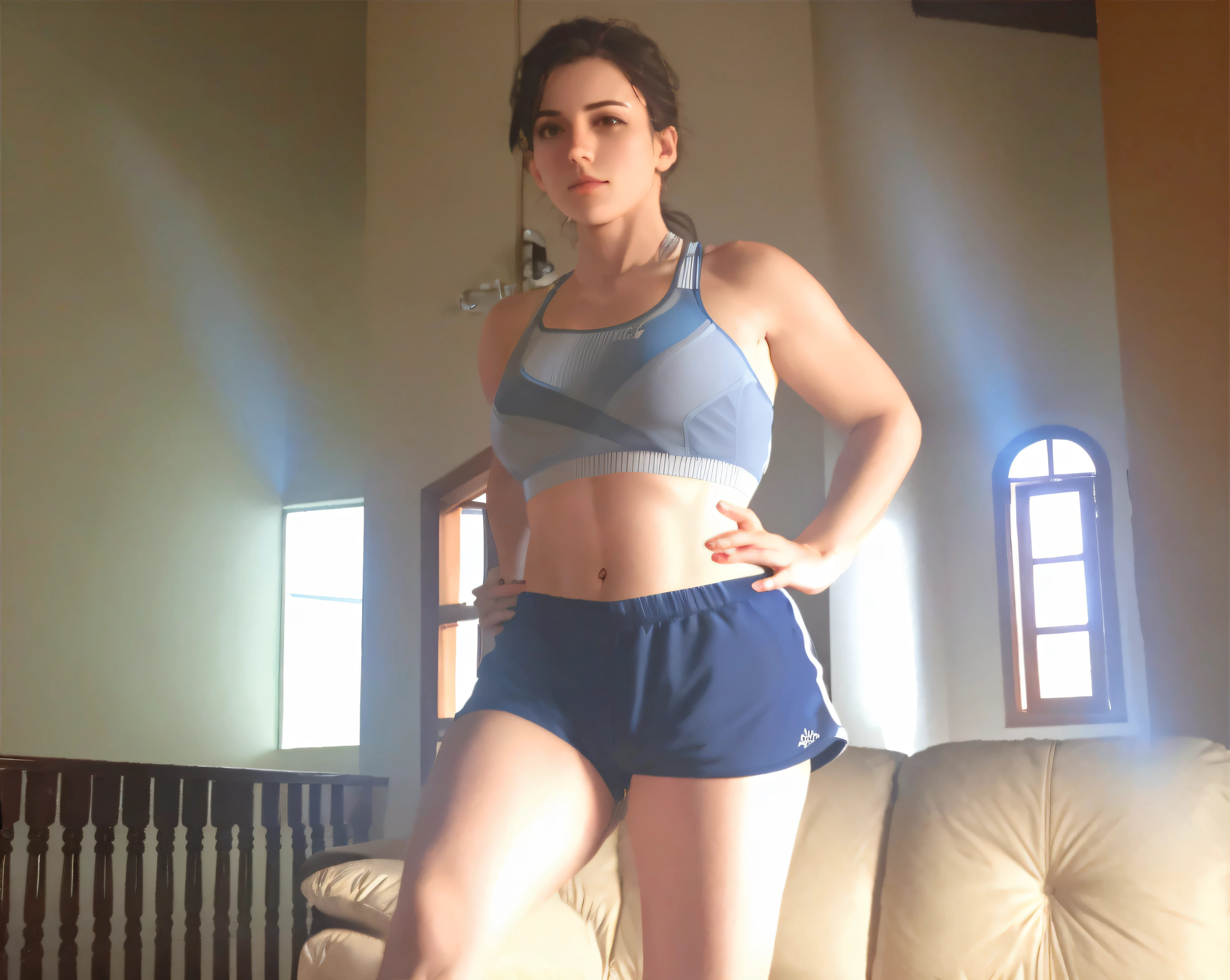 there is a woman in a sports bra standing on a sofa, sport bra and dark blue shorts, sport bra and shorts, Posar e flexionar, mulher curta robusta, recorte de meio corpo, coxas grandes, foto fit, tiro no meio do corpo, de bermuda, Pose frontal, Flexionando, tiro do meio cintura para cima, coxas expostas!!!, physical : tinyest midriff ever