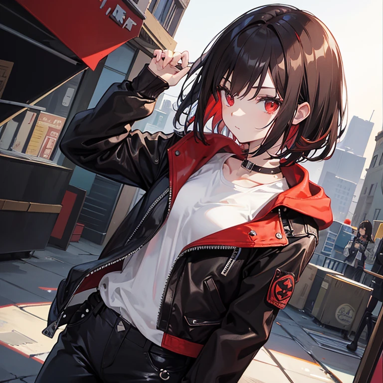 bob A dark-haired Red eyes Hanging eyes leather jackets brownish colors cool pistols 2 pistols