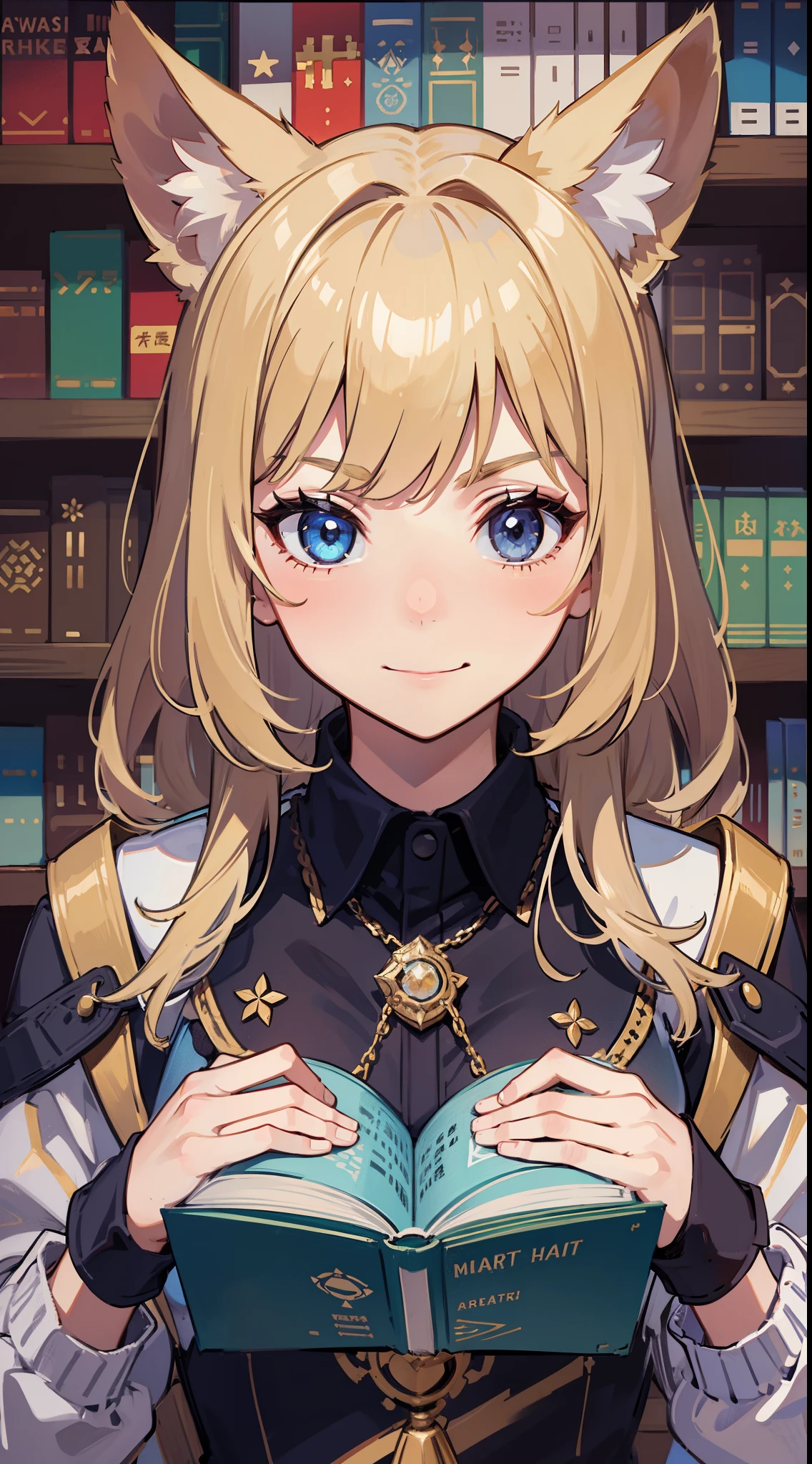 (Medium portrait:0.7), (best illuminate:1.1), (coiffed blonde hair:1.1), 1个Giant Breast Girl, Wolf ears, serious smile, Complex:0.6, medium, (ayaka:1.2), in the middle of the library, looking at book, Chopping:0.8, (canineteeth:0.4)