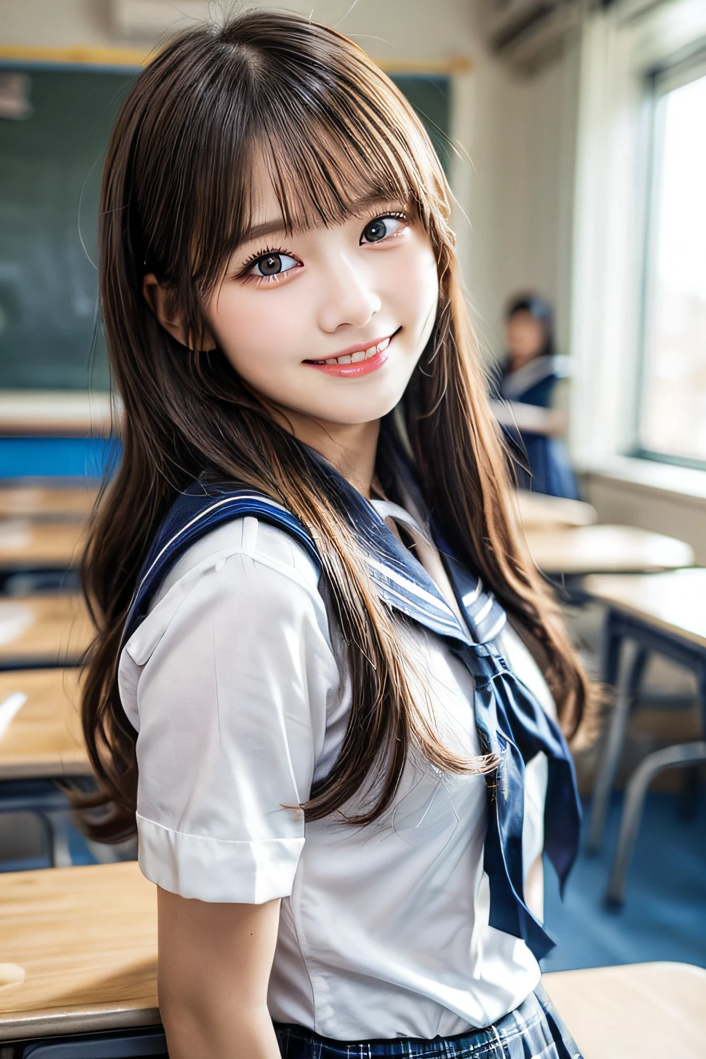 1girl, cute, 16 years old, smiling, look at viewer, sailor uniform, seifuku, photo, realistic, best quality, hires, detailed face, classroom, detailed background, diffused lighting, depth of field, bokeh