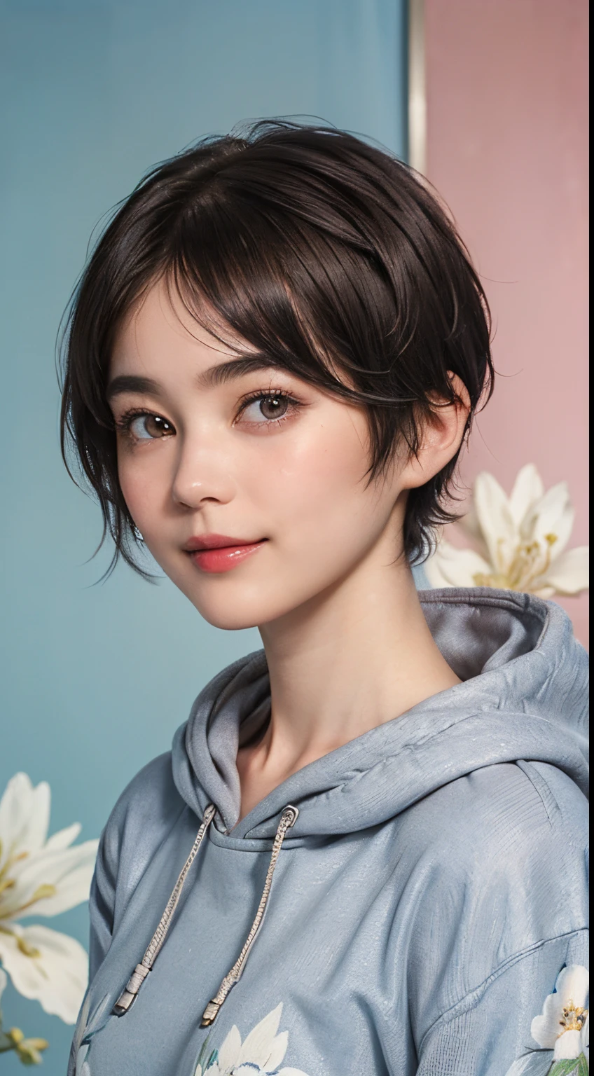 133
(a 20 yo woman,Wearing sportswear), (A hyper-realistic), (high-level image quality), ((beautiful hairstyle 46)), ((short-hair:1.46)), (Gentle smile), (breasted:1.46), (lipsticks), (darkened room), (florals), (wearing hoodies)