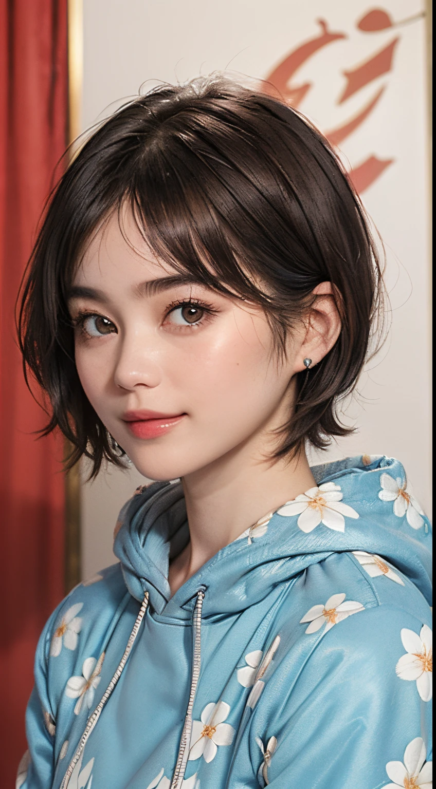 133
(a 20 yo woman,Wearing sportswear), (A hyper-realistic), (high-level image quality), ((beautiful hairstyle 46)), ((short-hair:1.46)), (Gentle smile), (breasted:1.46), (lipsticks), (darkened room), (florals), (wearing hoodies)