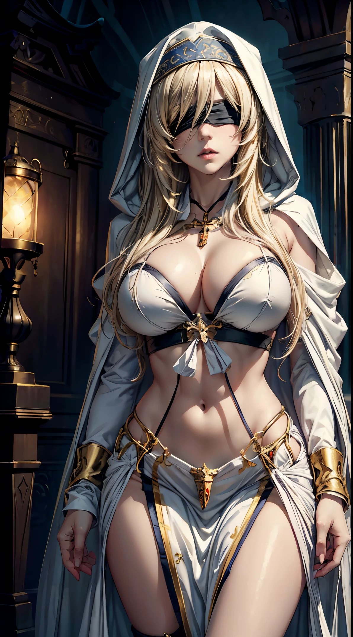 (masterpiece, top quality, best quality, official art, beautiful and aesthetic:1.2),full body, 1girl, priestess, long light blonde hair, messy hair, (wearing black blindfold:1.3), large breasts, cleavage, (white revealing robe, gold trim), (white hood:1.2), extreme detailed, colorful, perfect face, upper body, HDR, (light streaks), striking visuals, vibrant colors, temple background