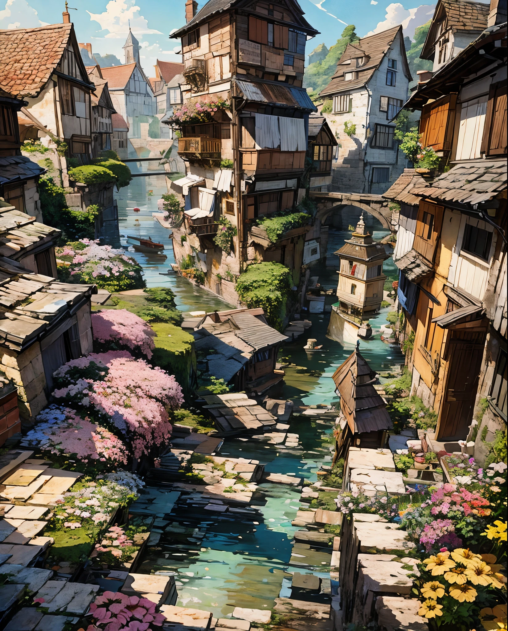 a painting of a river with flowers and a bridge, medeival fantasy town, beautiful detailed scene, highly detailed and beautiful, beautiful insanely detailed, full of colors and rich detail, intricate detailed 8 k, fairy tale place, beautiful cityscape, intricate scenery, incredibly high detailed, detailed scenery, highly detailed beautiful, fantasy town setting, very high detailed, incredible detailed