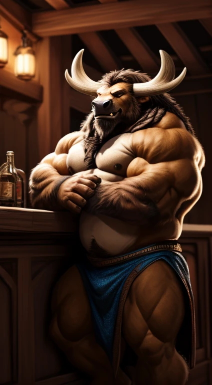 ((Best quality)), ((шедевр)), (Detailed), visage parfaitement détaillées, yeux parfait, ((anthro (tauren), male, (tauren), alone), Poil brun, crinière brune, correct horn), ((orgrimmar), (taverne), from below angle, slumped at the bar, beer, alcool), (eyes open, expressive face, relaxed position), chubby, muscular, furry art, topless, delicate eyes,sweaty, ((Tauren outfit), bulging bottom garments), dad body, hairy chest, tauren body, perfect tauren face, tauren tail, furr body, world of warcraft, warcraft, digital art, costaud, corps poilu, canine tooth,hd, dark shadows, wide dynamic range, hdr, low light:1.2, par mystikfox61, par darkgem, par Glitter Trap Boy, par bebebebebe