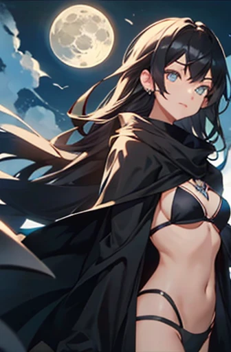 girl, long black hair, moonlight, black bikini, black cloak, black eyes