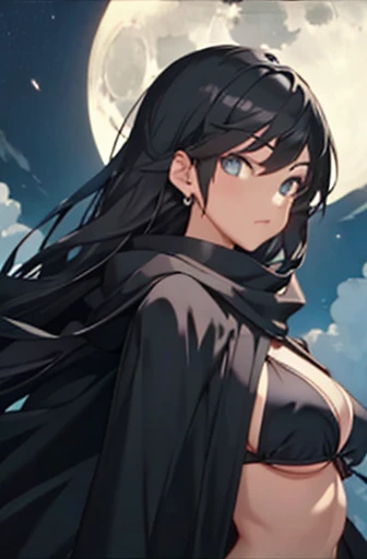 girl, long black hair, moonlight, black bikini, black cloak, black eyes