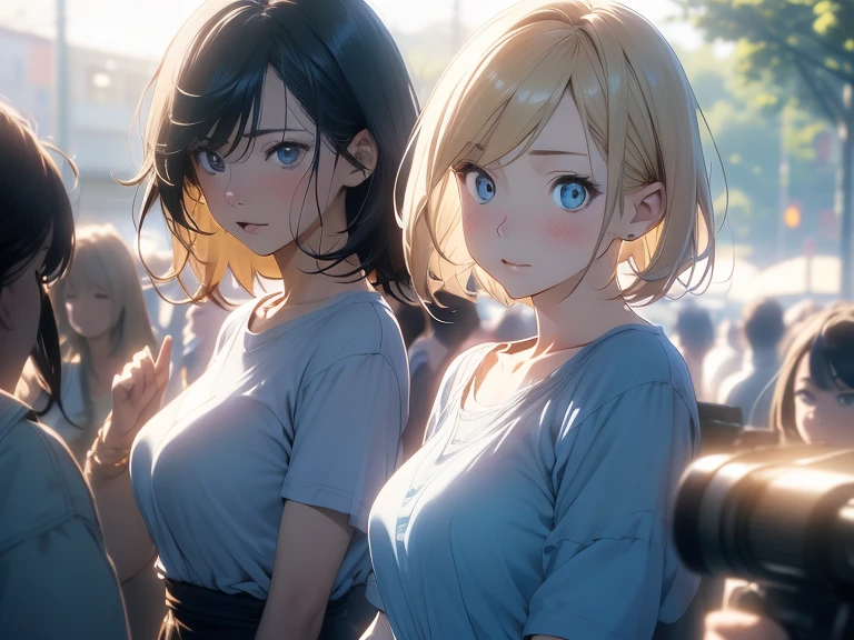 Anime style, Film Portrait Photography, 2females, 30-years old, full bodyesbian, Golden hair, Longhaire, Blue eyes, Wearing a light blue dress, Smaller chest, full bodyesbian, A dark-haired, Short bob hair, Angry, Wearing jeans, (Natural skin texture Vibrant details, hyper realisitic, (Realistic detailed eyes, Natural Skin Texture, Realistic face details), Soft dramatic lighting, depth of fields, Bokeh, vibrant detail, hyper realisitic, 35mm Film, Hazy blur, filmg,