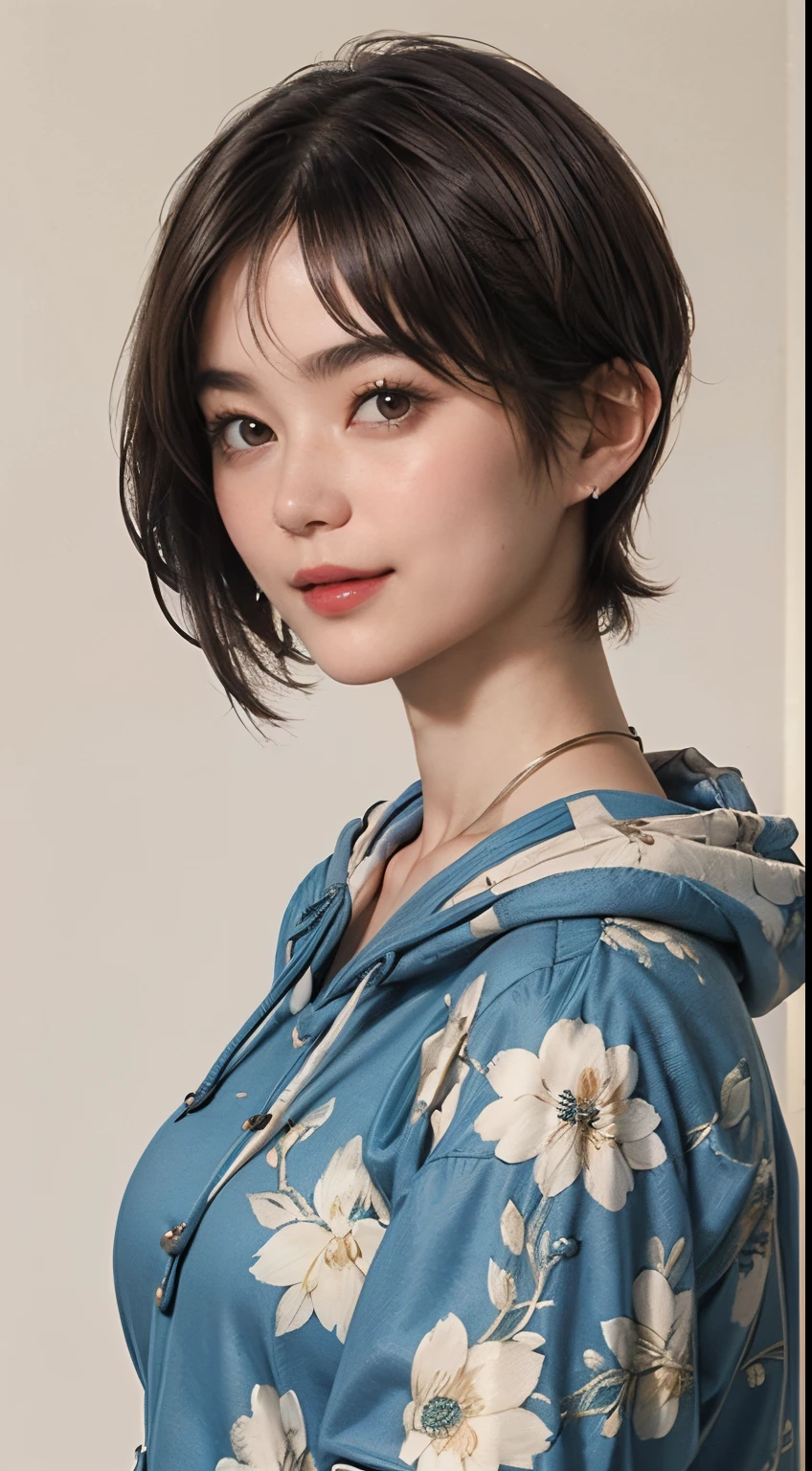133
(a 20 yo woman,Wearing sportswear), (A hyper-realistic), (high-level image quality), ((beautiful hairstyle 46)), ((short-hair:1.46)), (Gentle smile), (breasted:1.46), (lipsticks), (darkened room), (florals), (wearing hoodies)