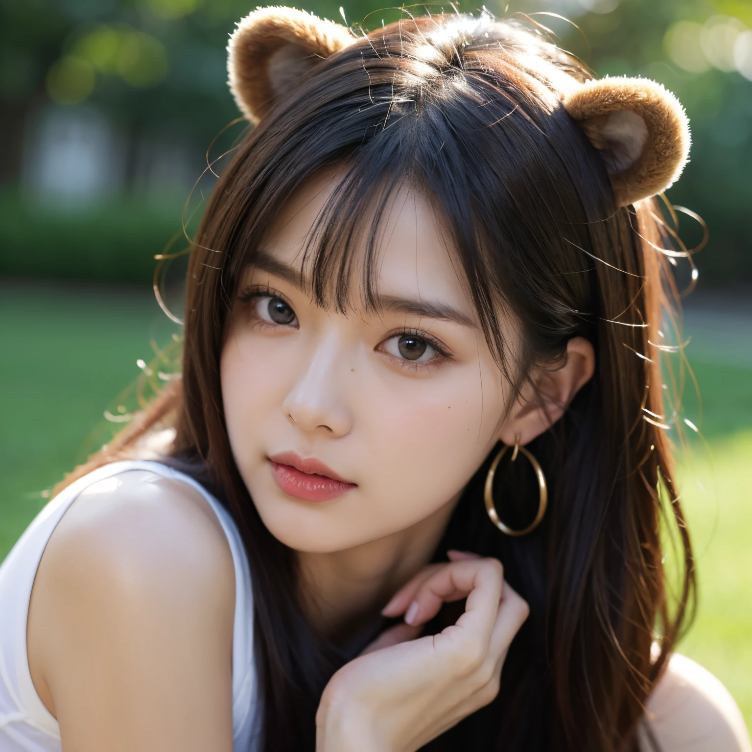Brown bear，adolable，Two earrings on ears，There are scars on the face