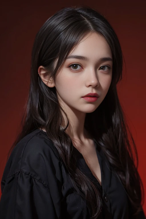 a 20 yo woman,long hair,dark theme, soothing tones, muted colors, high contrast, (natural skin texture, hyperrealism, soft light, sharp),red background, background,